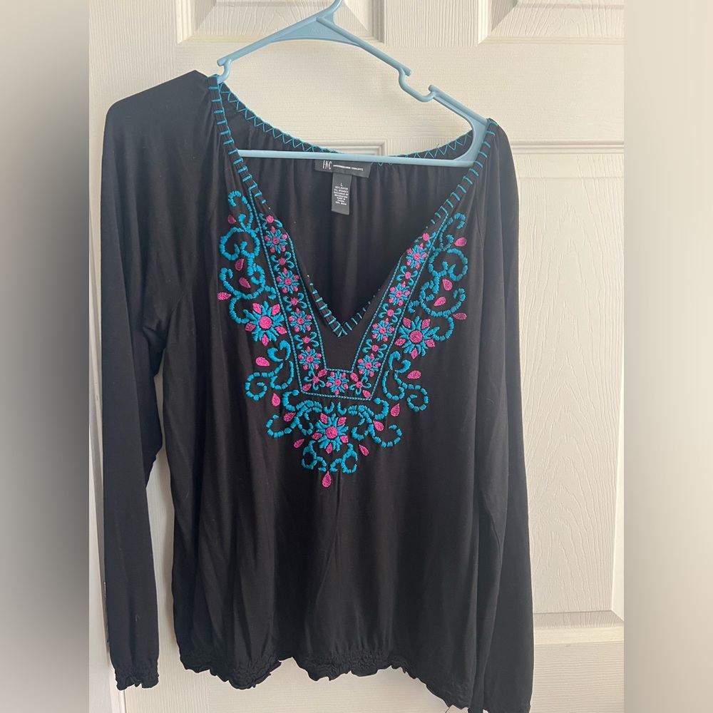 INC International Concepts Black Tunic with Turquoise & Pink Embroidery